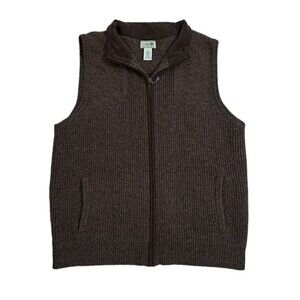 LL Bean Mens Large Merino Lambswool Sweater Vest Brown Full Zip Mock Neck FGX9